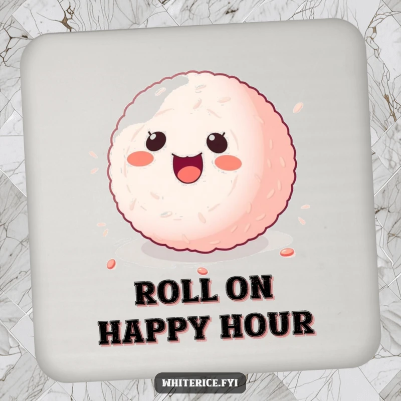 Funny kawaii sticky rice ball coaster, character rolling with delight, protects surfaces with humor.