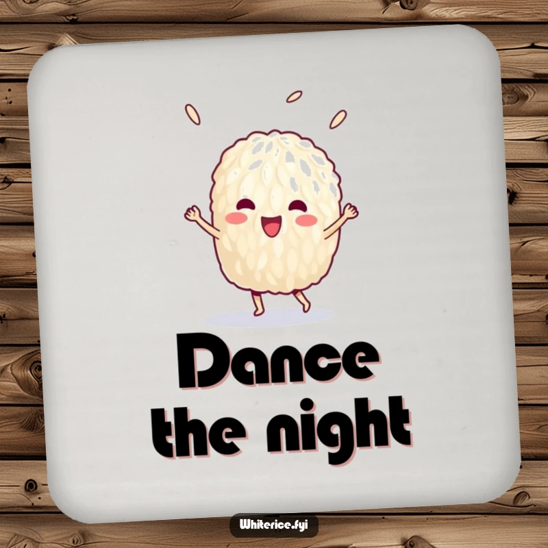Funny drink coaster featuring a delighted grain of rice doing a victory dance, protecting surfaces.