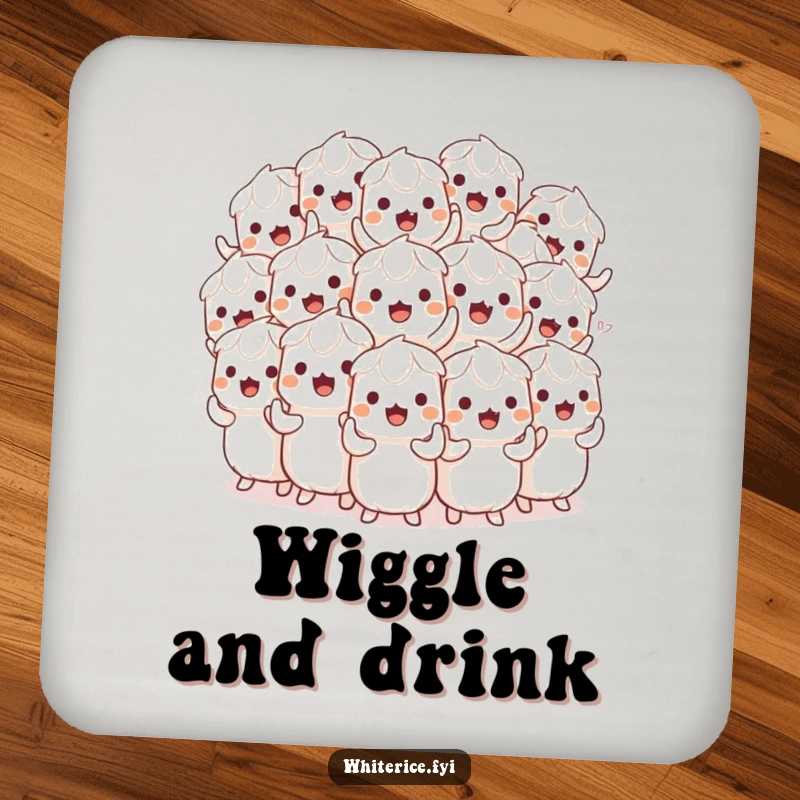 Funny drink coasters featuring a playful pile of white rice characters doing a synchronized wiggle, adding humorous flair to drinks.