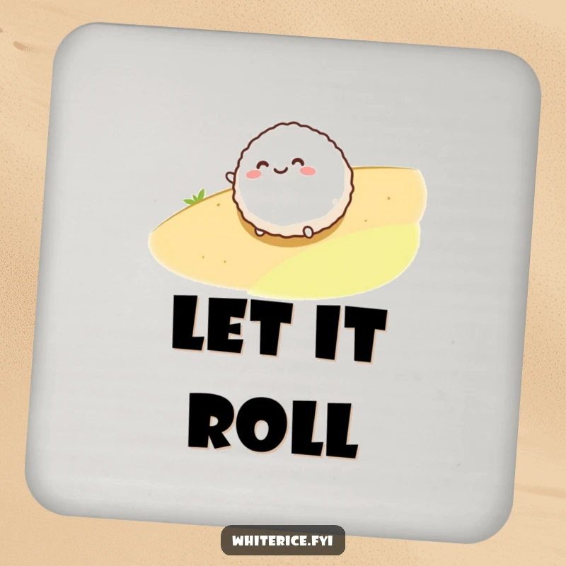Funny coaster set featuring a cheerful rice ball character rolling, protecting surfaces with a smile and humor.