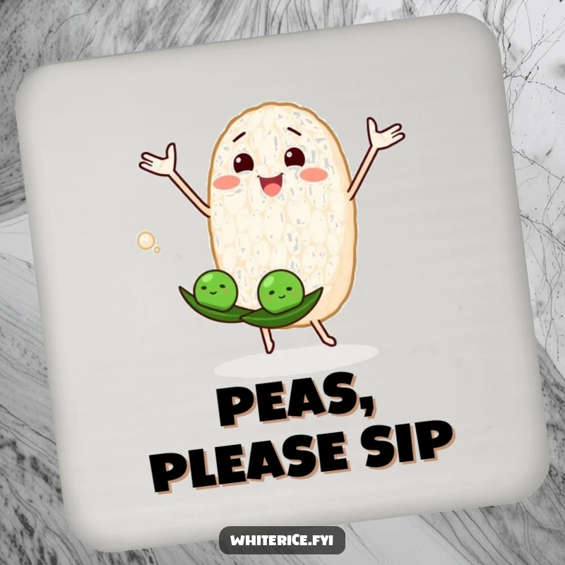 Funny drink coaster featuring a happy rice grain juggling peas, protecting surfaces with playful charm.