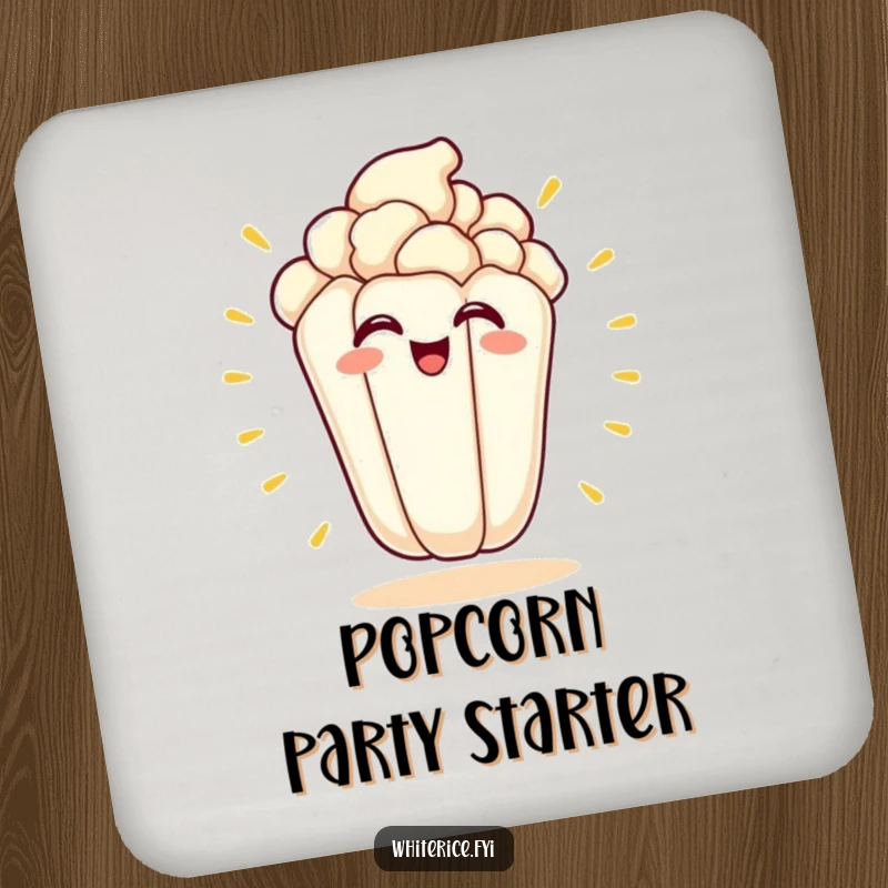 Funny kawaii drink coaster featuring an excited popcorn kernel mid-pop, bringing fun to surfaces.