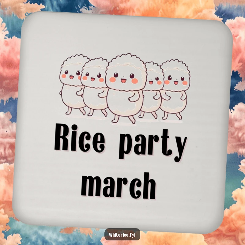 Funny drink coaster with a cheerful group of white rice characters marching in a neat line, protecting surfaces.