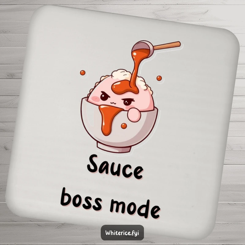 Funny coaster with a determined pink rice bowl character pouring savory sauce, a humorous and practical table accessory.