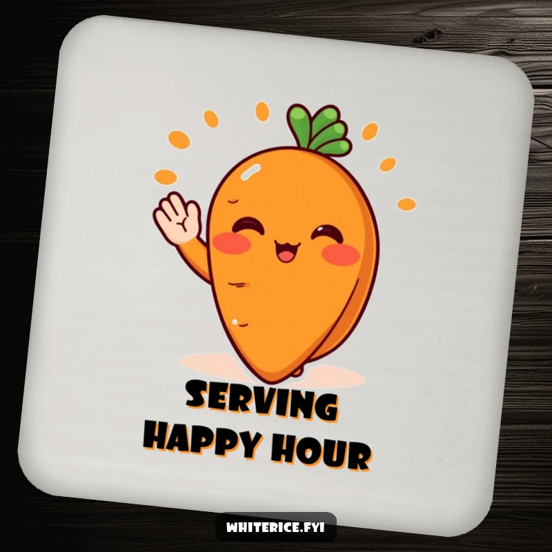 Funny coaster with a blushing orange carrot slice character serving food with a cheerful wave, a charming table accessory.