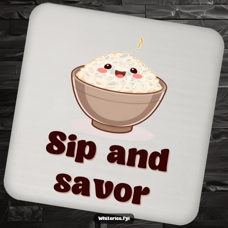 Funny Rice Grain Drink Coaster depicting a happy rice grain served in a small bowl, a humorous and protective addition to tables.