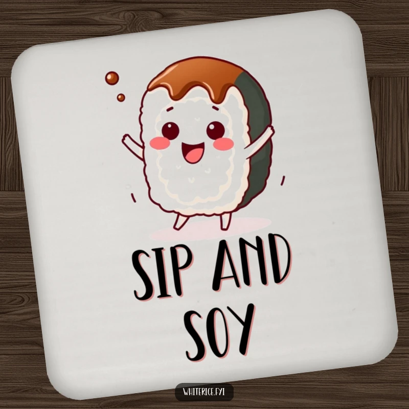 Funny kawaii sushi roll coaster, character joyfully dancing with soy sauce, protection with humor.