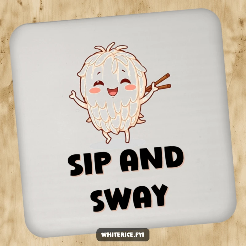 Funny coaster featuring a smiling rice character in a joyful dance, holding chopsticks, a charming and practical accessory.