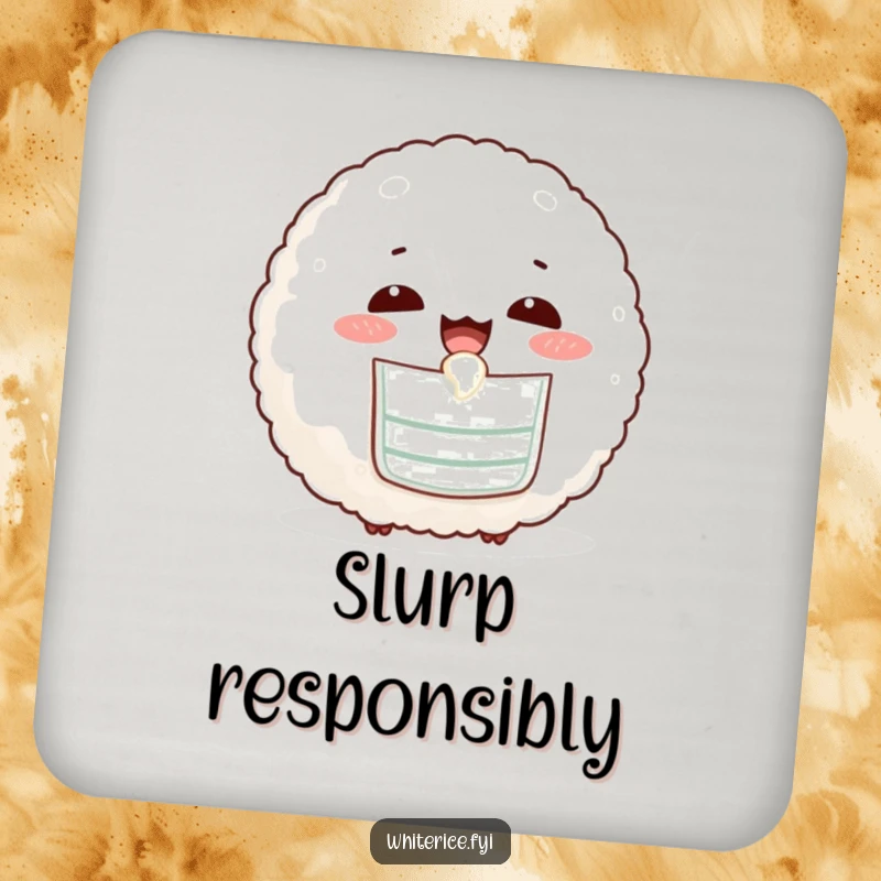 Funny drink coaster featuring a cute rice ball in a bib, happily slurping, protecting surfaces.