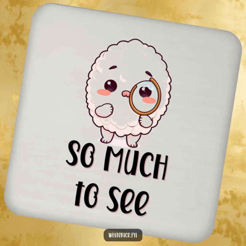 Funny drink coasters featuring a white rice character using a magnifying glass, adding humor to table settings.