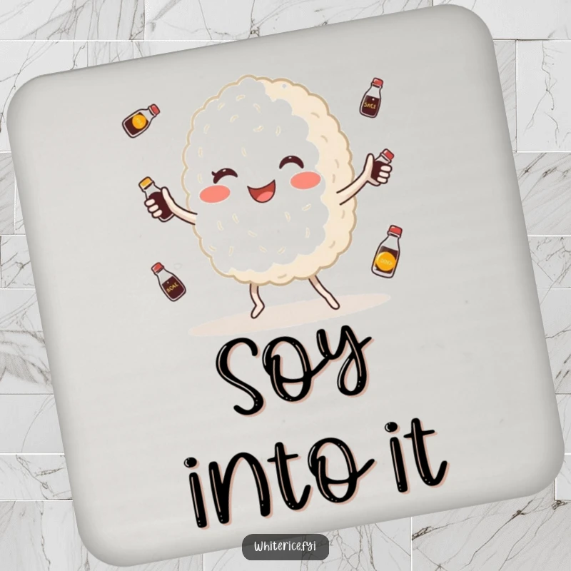 Funny coaster featuring a happy, plump white rice grain character juggling tiny soy sauce bottles, a charming and practical accessory.