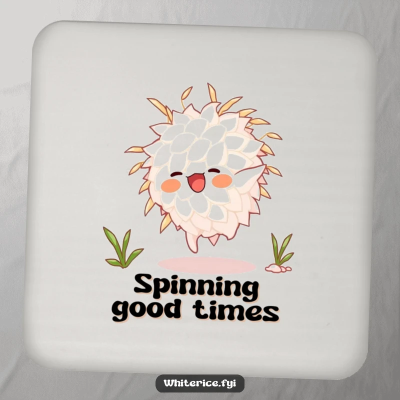 Funny animated white rice grain character doing a somersault, on a drink coaster, adding a touch of dynamic humor and fun.