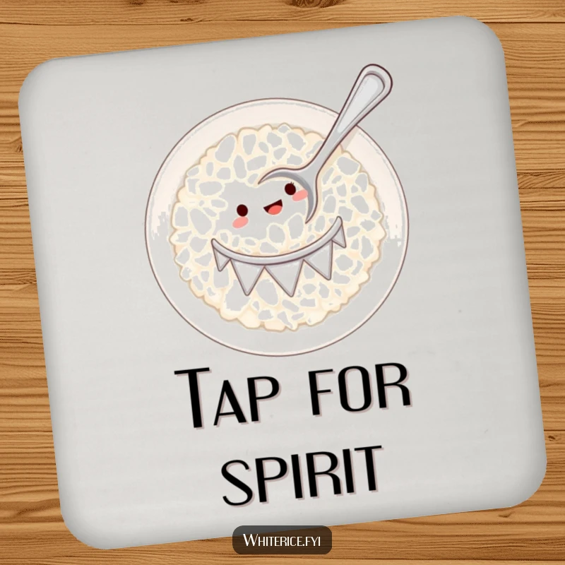 Funny white rice plate drum with tiny spoon drink coaster, providing surface protection with a charming musical humor.