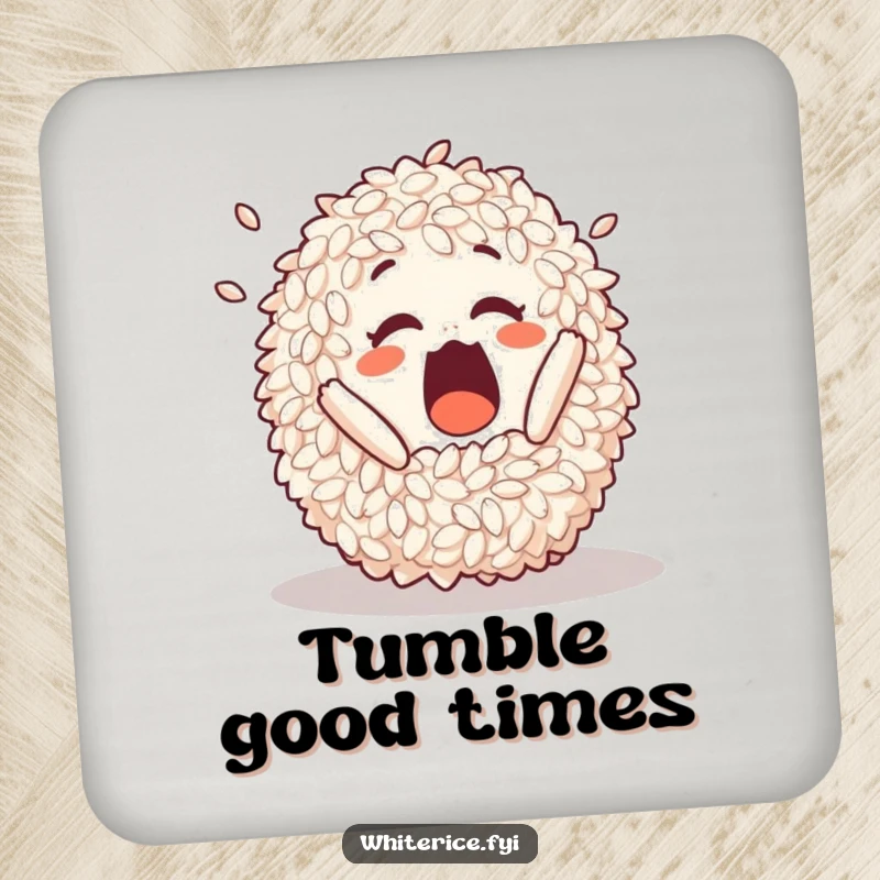 Funny drink coaster depicting a surprised pile of rice in a comical tumble, protecting surfaces with style.