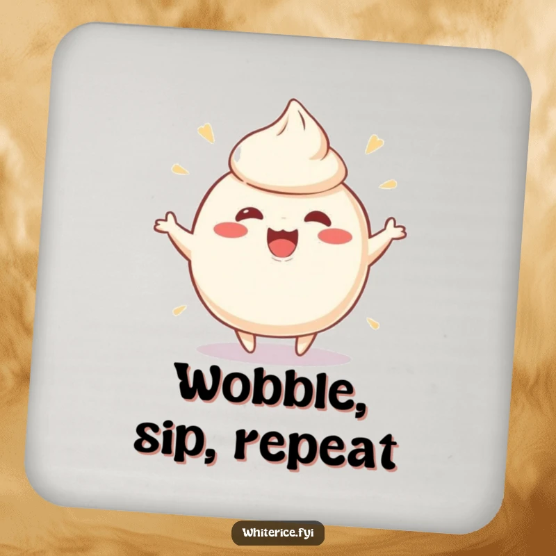 Funny drink coaster with a playful, wobbly rice pudding character wobbling ecstatically, bringing a touch of sweet humor.
