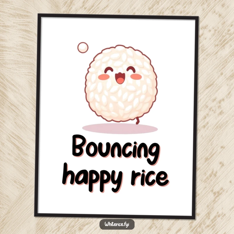 Funny poster art of a happy grain of white rice joyfully bouncing a tiny ball, a playful character.