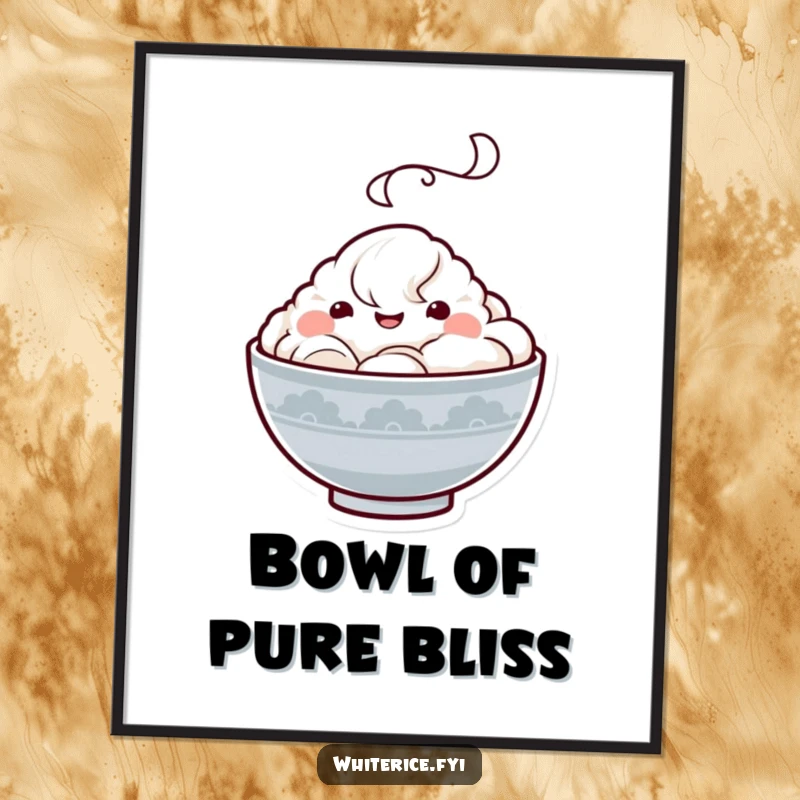 Funny Kawaii rice bowl poster displaying a happy character with a steam cloud, radiating pure joy and contentment, perfect for cheerful decor.