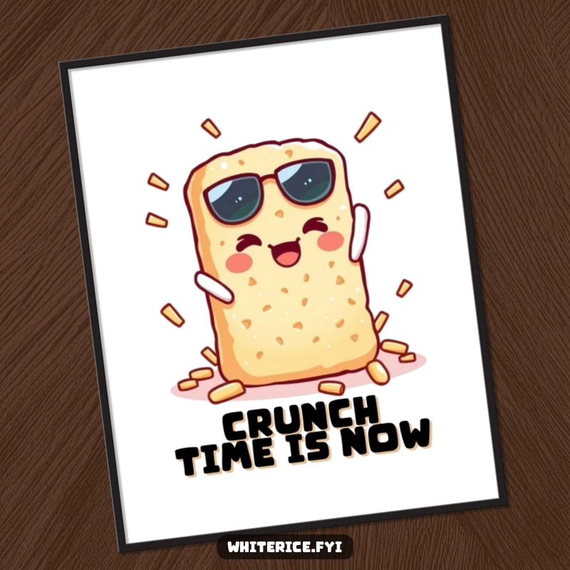 Funny poster with a kawaii rice cracker character achieving a crisp, triumphant snap, perfect for humorous wall art.