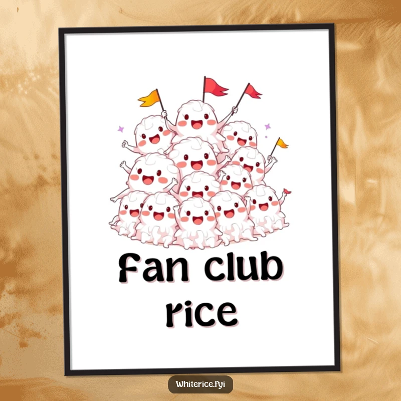 Funny poster art of a smiling pile of white rice characters cheering and waving tiny flags, adding festive vibes.