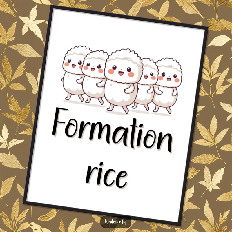 Funny poster art of a cheerful group of white rice characters marching in a neat line, adding ordered humor.