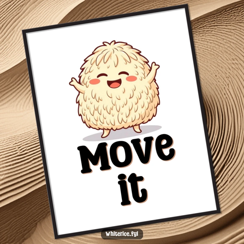 Funny poster showing a giggling rice mound doing a silly dance move, radiating pure, infectious fun and energy.