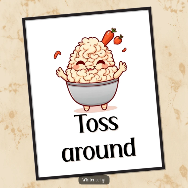 Funny Fried Rice Poster: A giggling Kawaii character artfully tossing tiny vegetables, radiating culinary fun and humor, perfect wall decor.