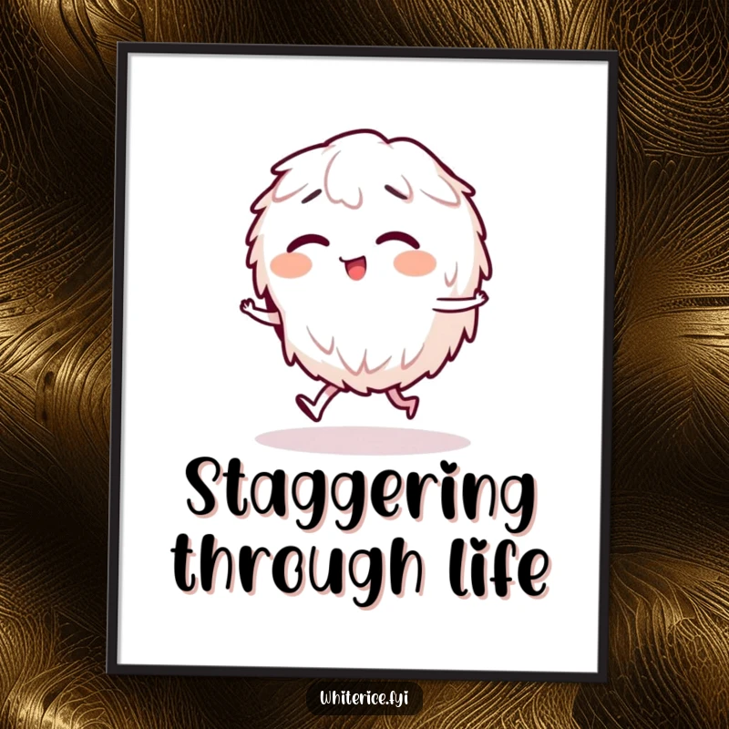 Funny poster illustrating a giggling rice character doing a funny stagger, capturing a moment of delightful silliness.