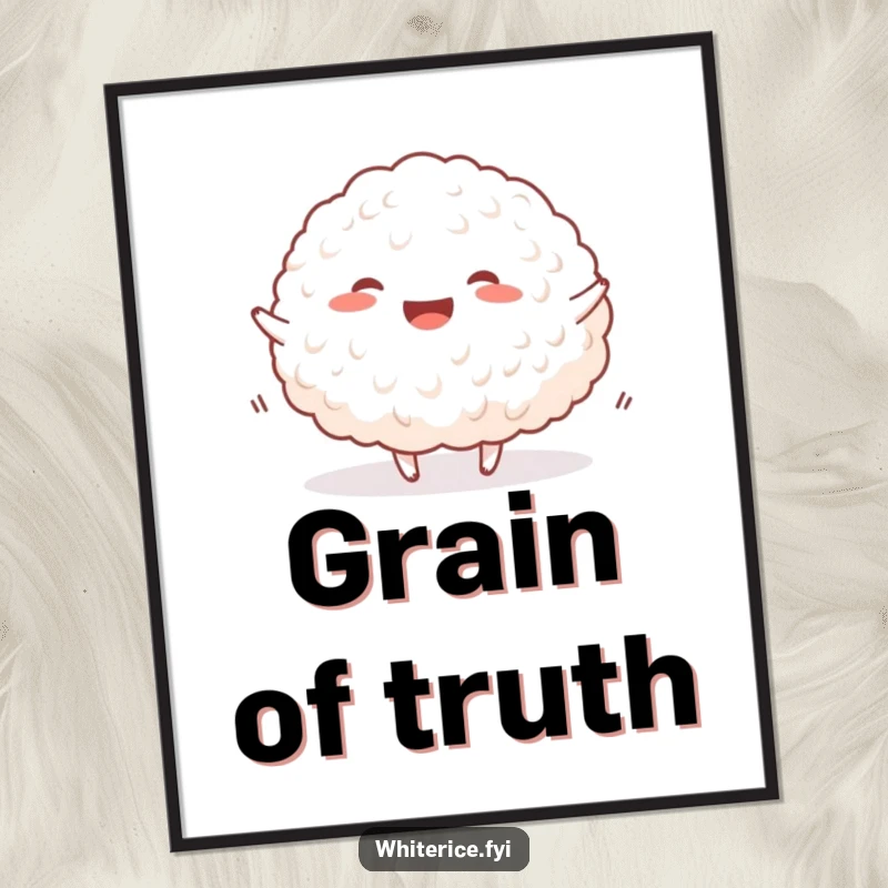 Funny happy rice poster showing a lively mound of white rice bouncing joyfully, adding cheerful decor.