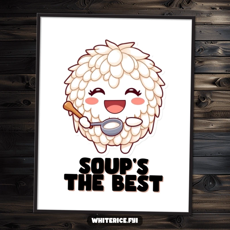 Funny poster showing a joyful rice character with a huge smile holding a tiny ladle, radiating culinary happiness.