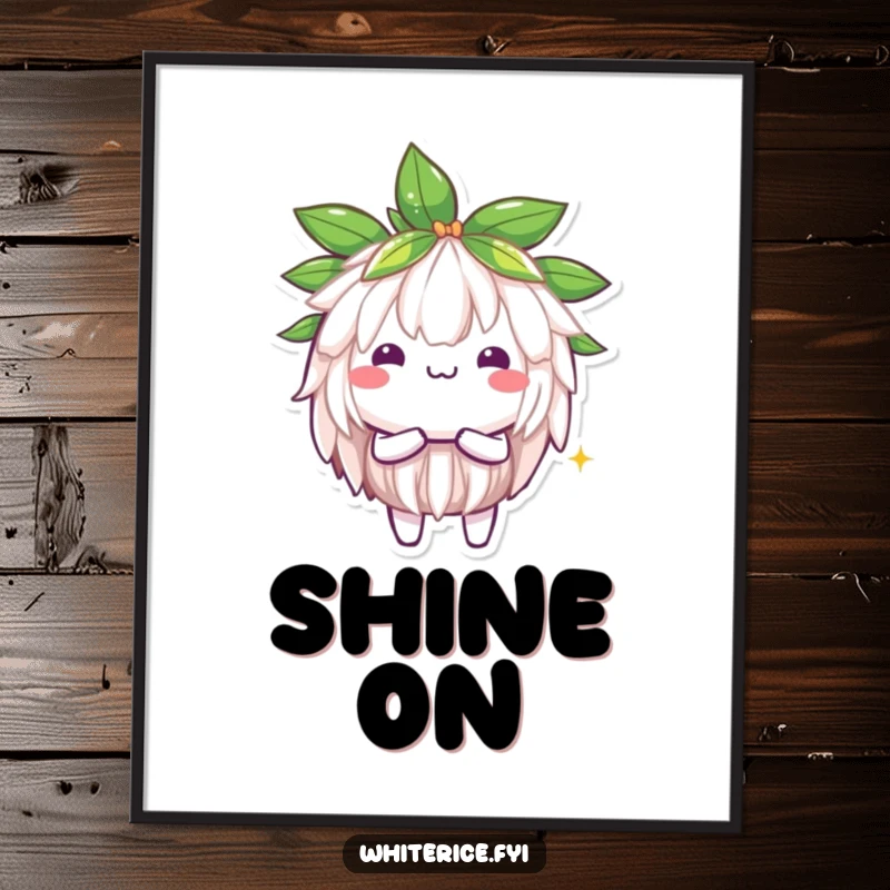 Funny Jasmine Rice Poster: A brilliant Kawaii character shining with radiant light, conveying positivity and brilliance, perfect wall decor.