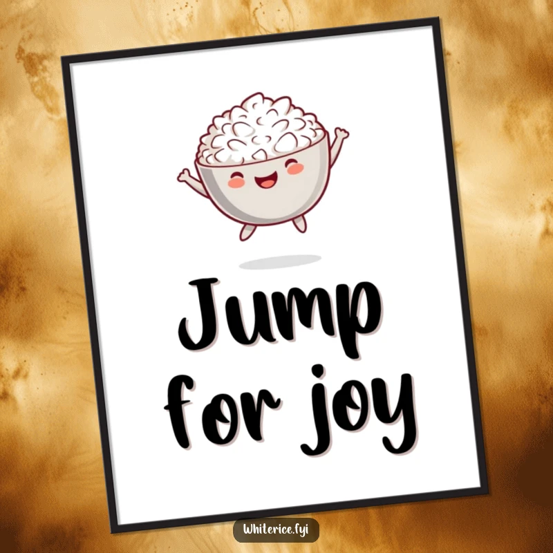 Funny poster featuring a cheerful bowl of white rice in a playful jump, perfect for kitchen decor.