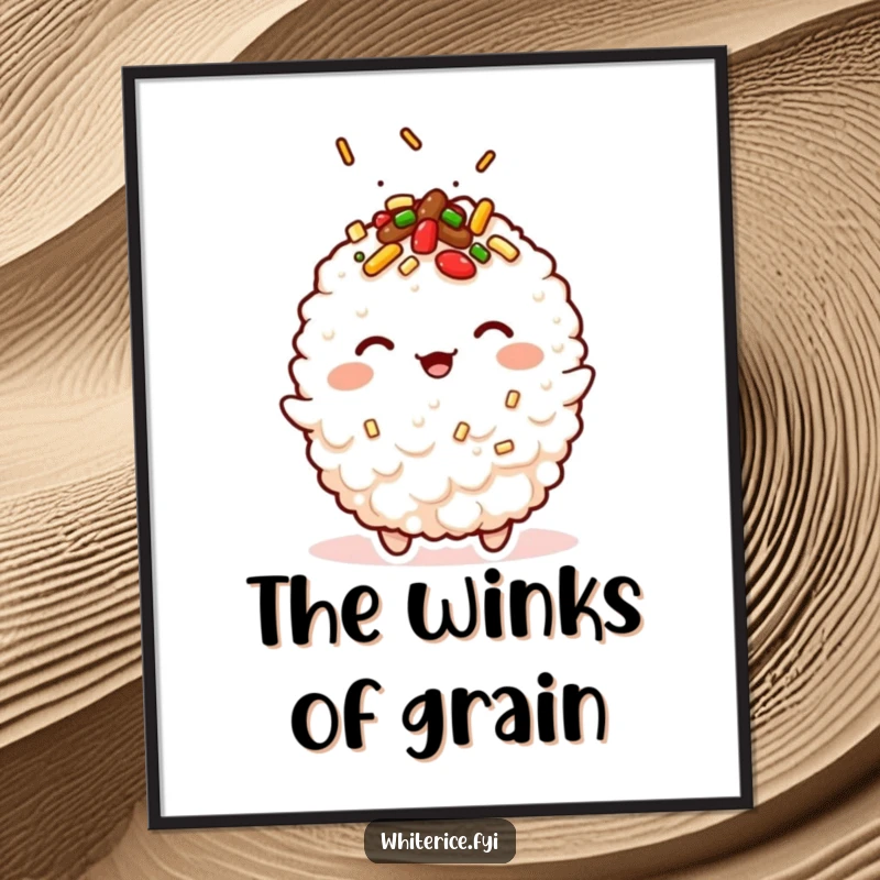 Funny kawaii poster of a winking fried rice character with a sprinkle of toppings, adding charm.