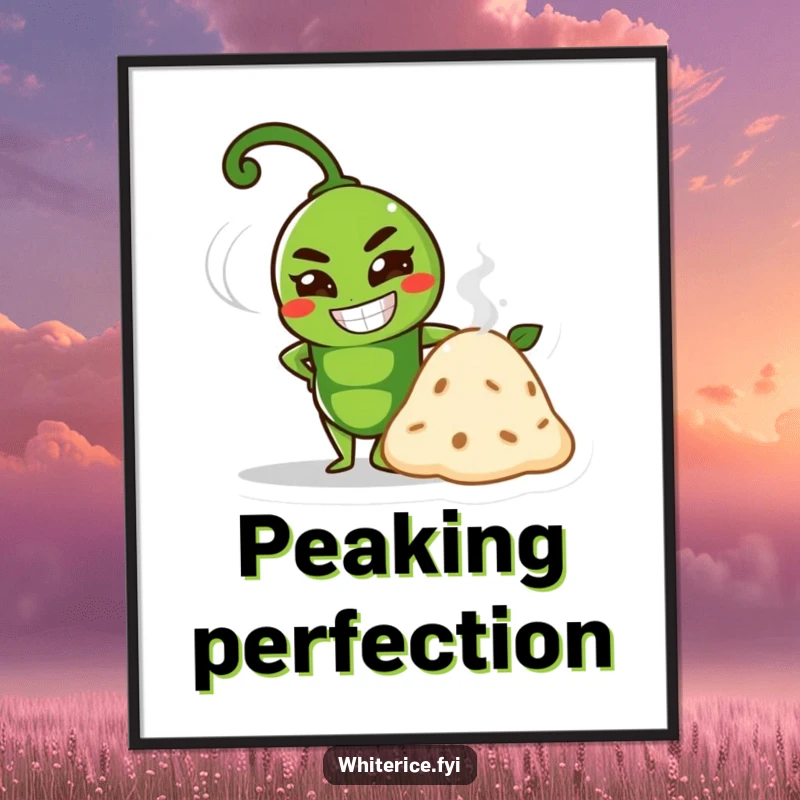 Funny green pea character with a determined grin beside a steaming mound on funny wall art.