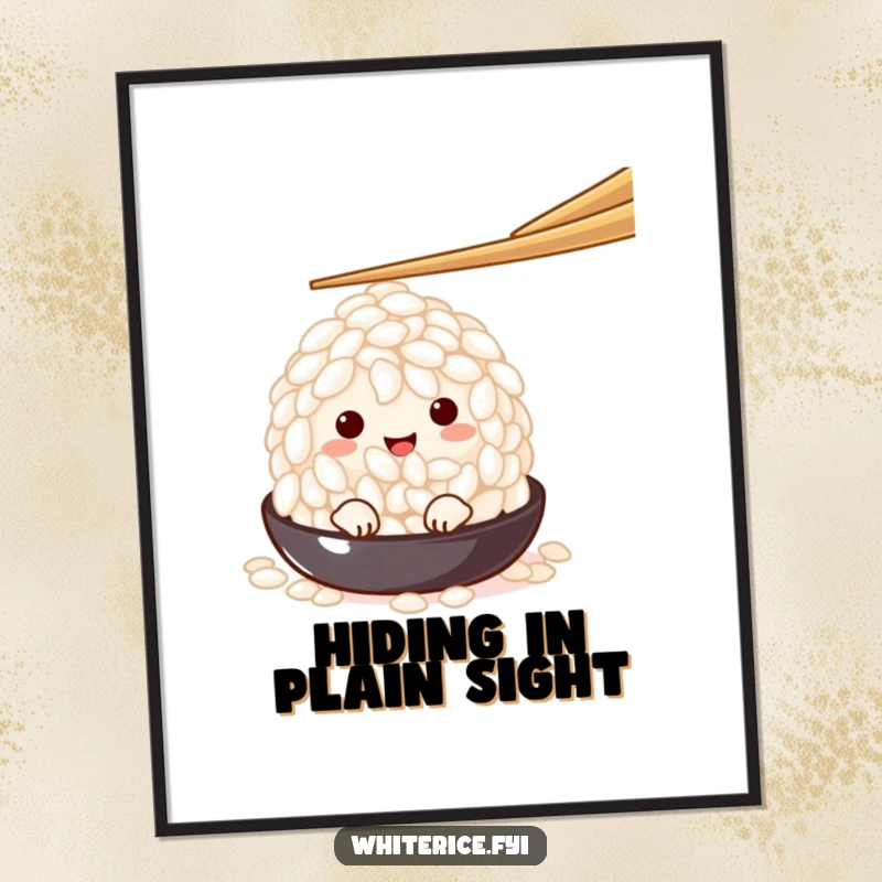 Funny charming white rice grain character peeking from under a chopstick on a poster, embodying shy curiosity and playful food themes.