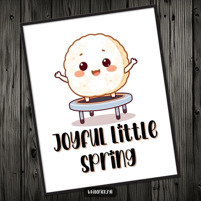 Funny poster of a giggling rice cake bouncing like a mini trampoline, conveying exuberant joy and playfulness.