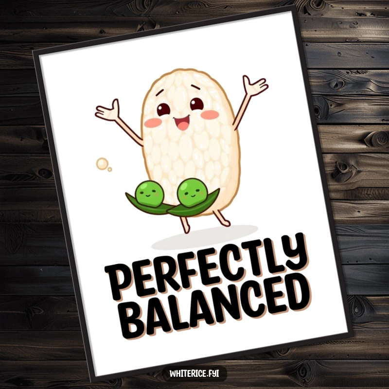 Funny poster with a joyous rice grain character juggling peas, adding whimsical humor to wall decor.