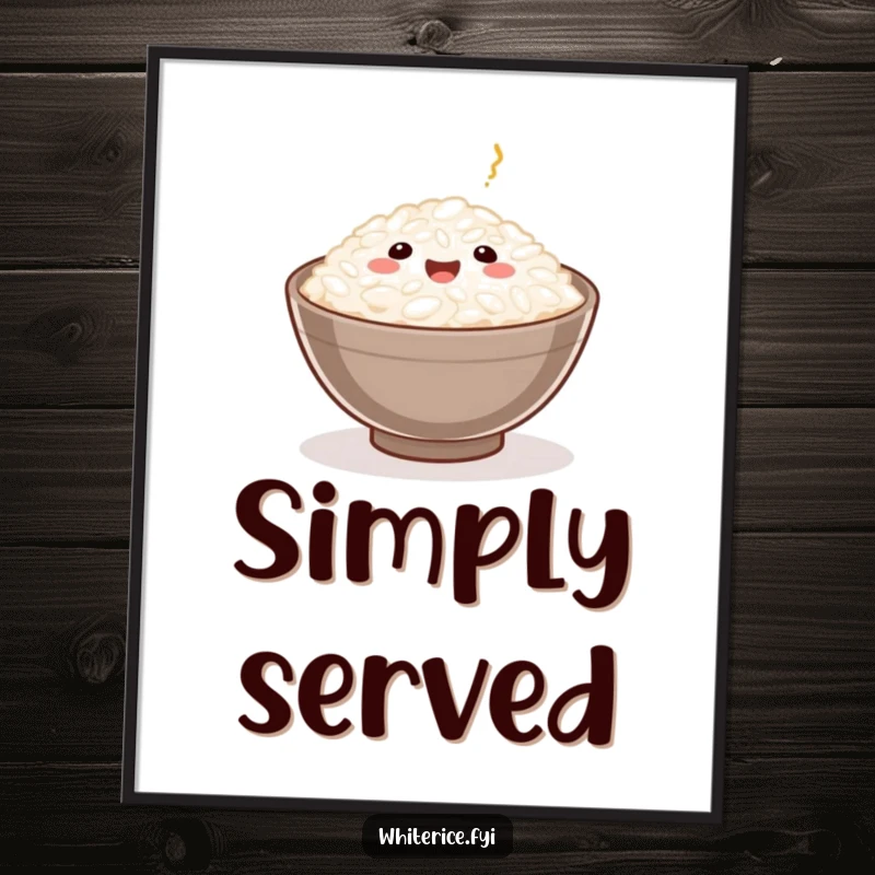 Funny Rice Grain Poster depicting a happy rice grain being served in a small bowl, symbolizing comfort and culinary happiness.