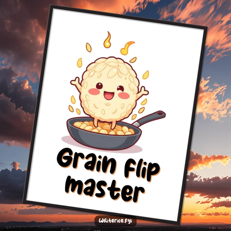 Funny rice grain character with tiny legs flipping food in a hot pan, depicted as funny wall art poster.