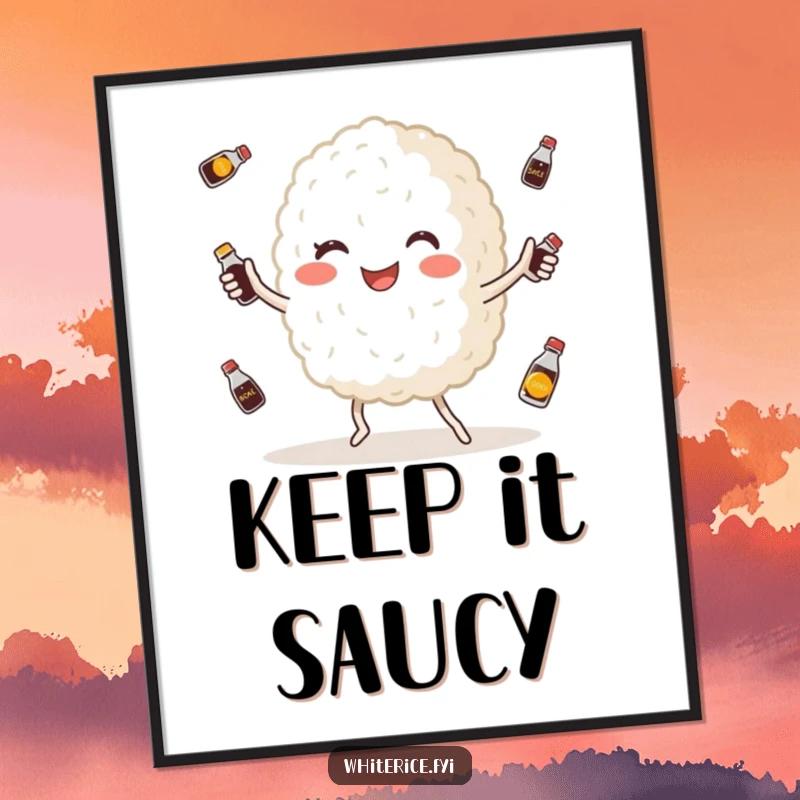 Funny poster featuring a happy, plump white rice grain character playfully juggling small soy sauce bottles, a vibrant and humorous artwork.