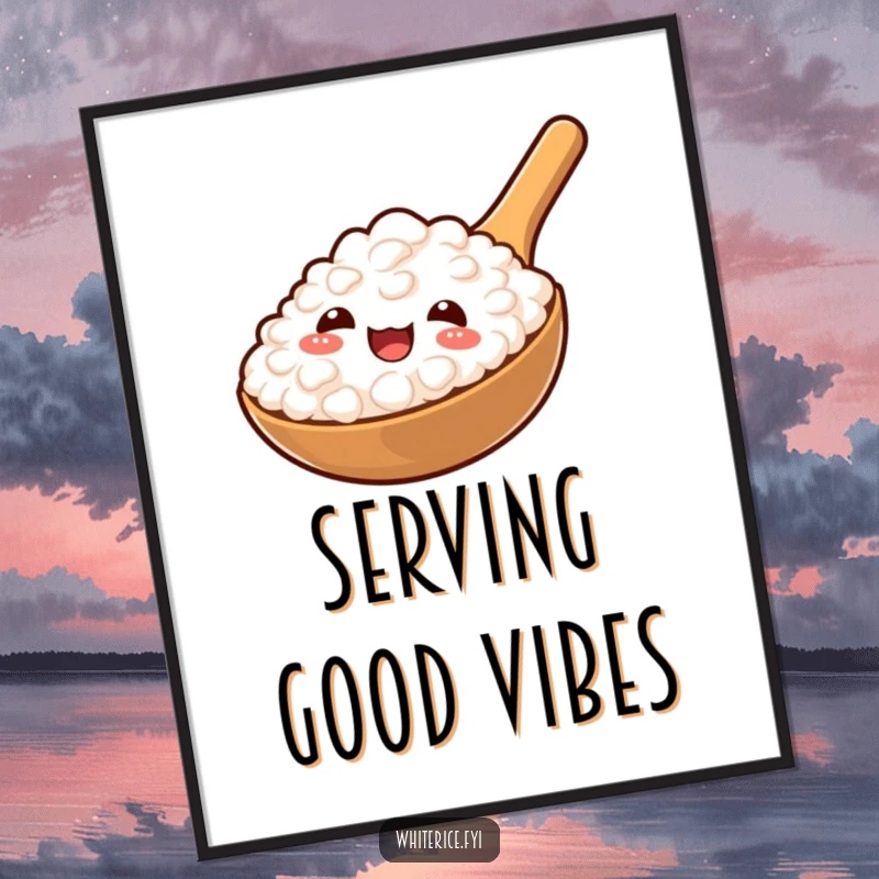 Funny poster displaying a cheerful rice paddle offering a perfect spoonful of fluffy rice, adding joy to walls.