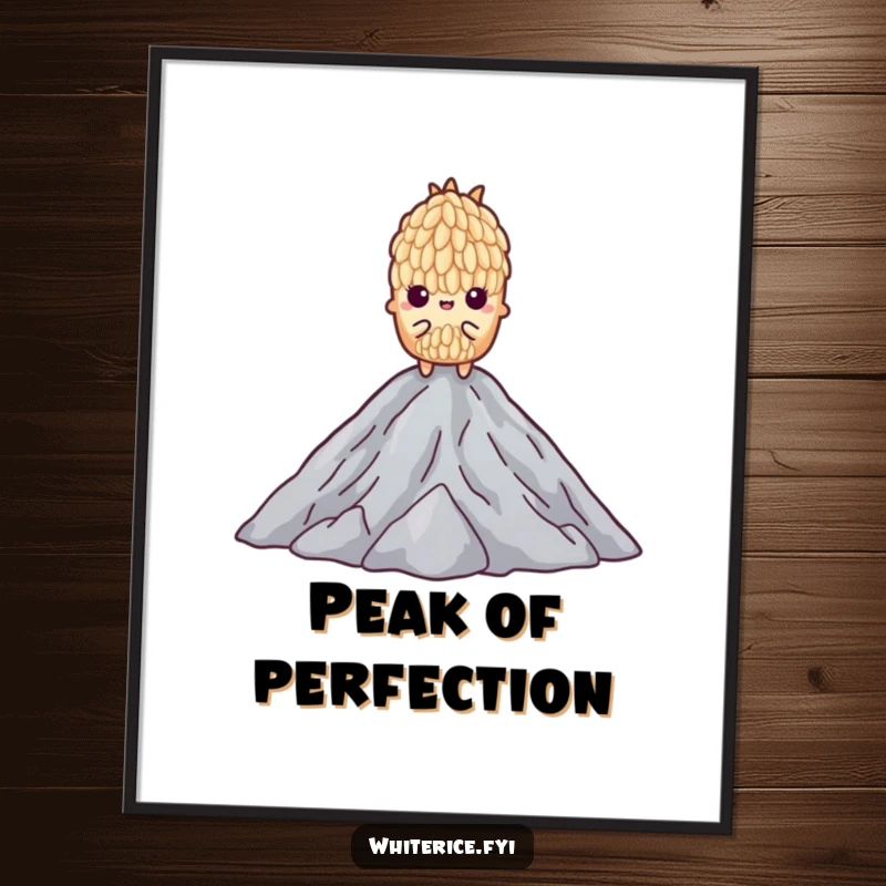 Funny poster of a determined grain of rice standing tall on a mountain of others, symbolizing achievement.