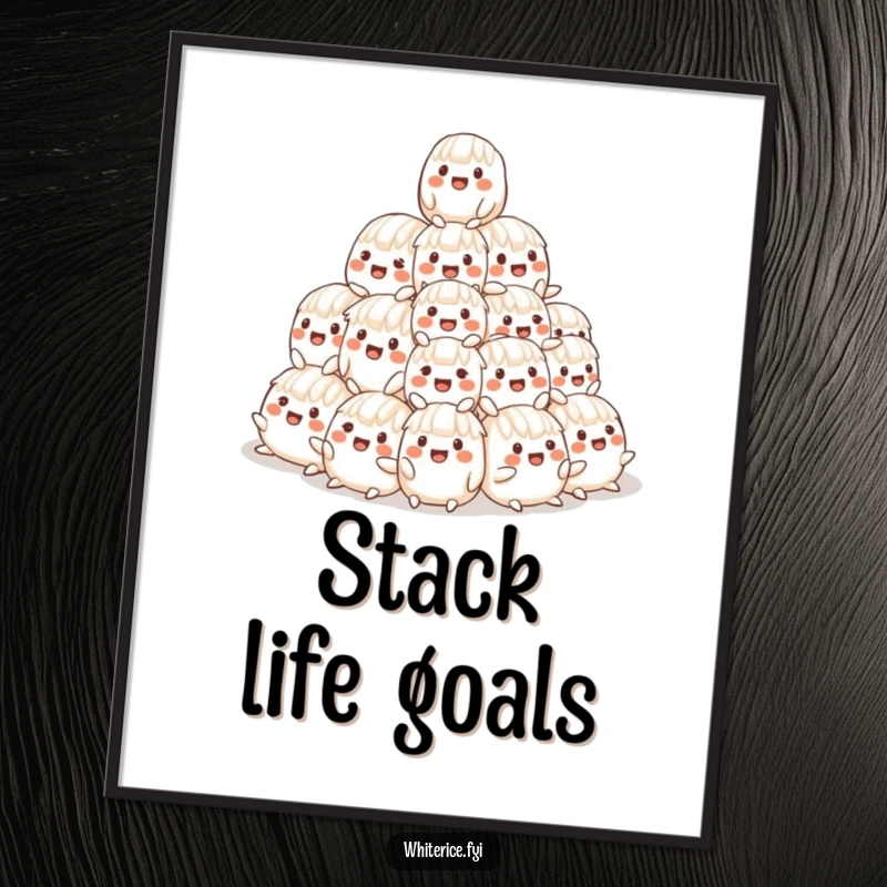 Funny poster illustrating a cheerful, wobbly pyramid of smiling rice characters, adding a touch of humor to any wall.