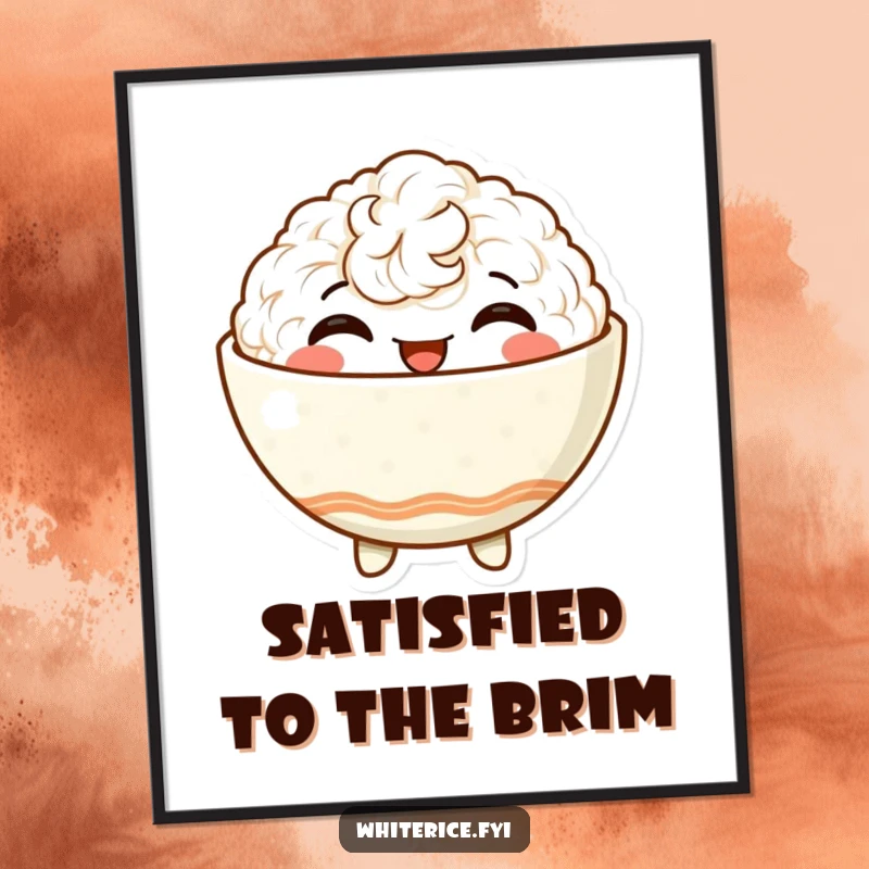 Funny poster featuring a delighted, anthropomorphic rice bowl character beaming with satisfaction, radiating pure joy and contentment.