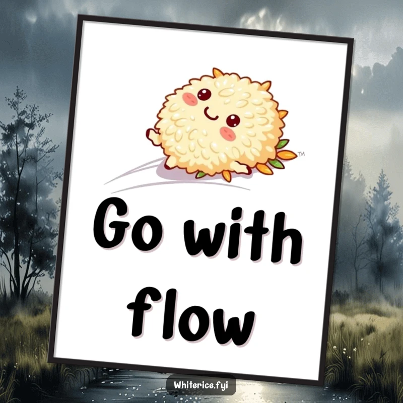 Funny poster featuring a playful rice character in a smooth slide, a dynamic and whimsical piece of food art.