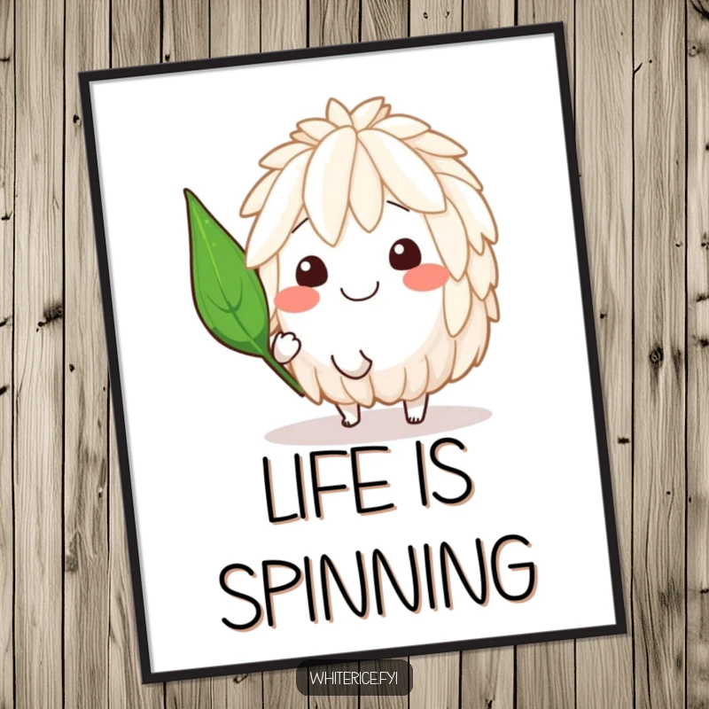 Funny poster depicting a smiling rice character joyfully spinning with a jaunty leaf, bringing a sense of motion and glee.