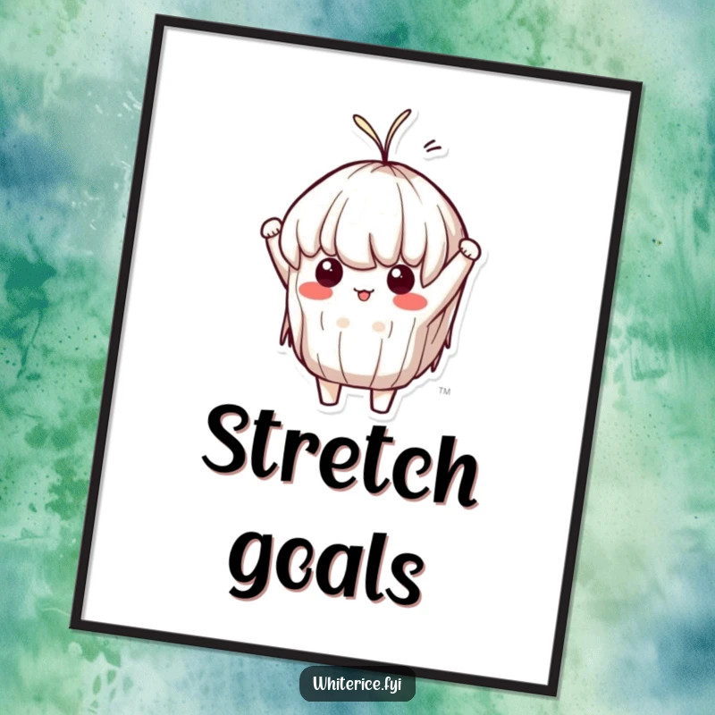 Funny Sticky Rice Poster: A determined Kawaii character artistically stretched like taffy, conveying humor and resilience, perfect wall art.