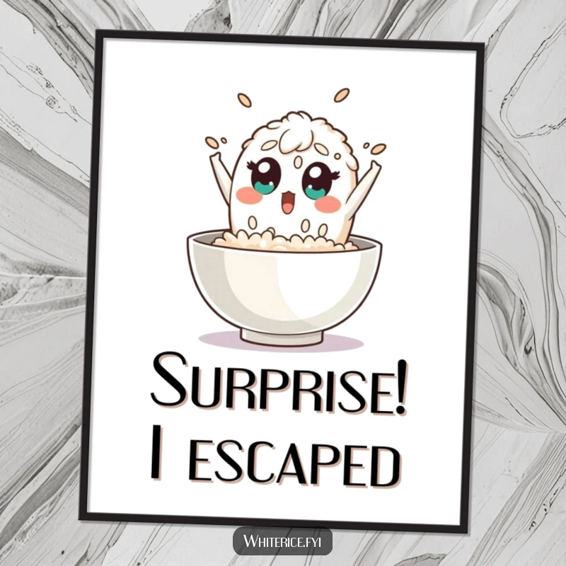 Funny rice poster depicts a surprised grain of rice character leaping energetically out of a bowl with wide eyes, adding dynamic humor.