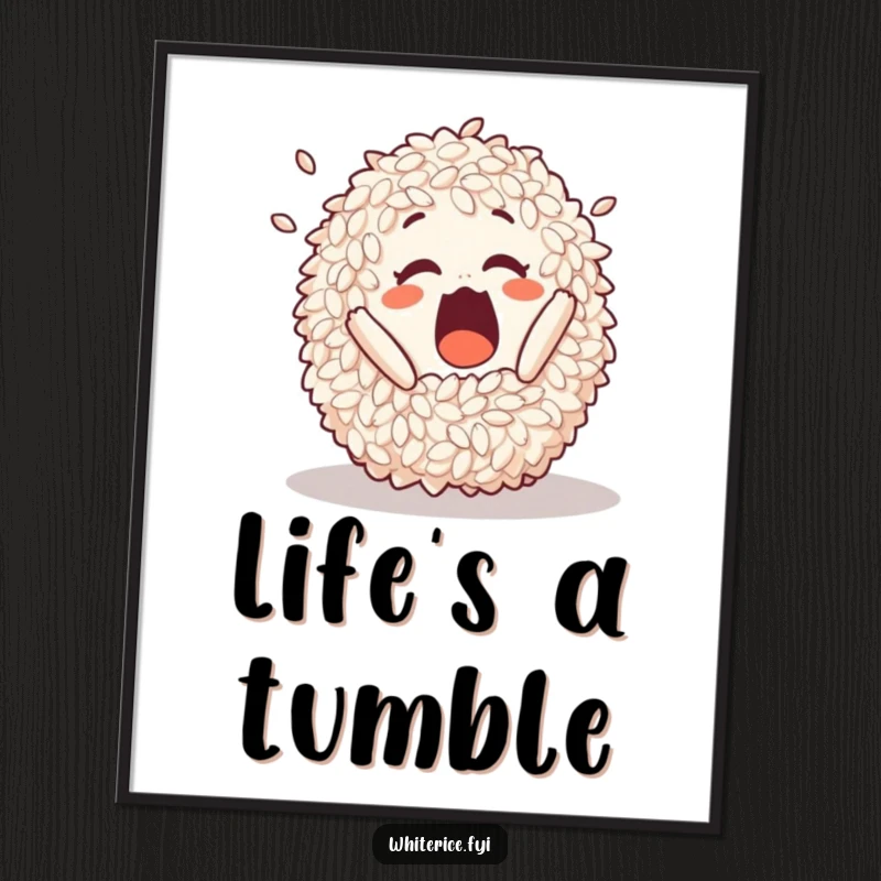 Funny poster capturing a surprised pile of rice in a comical tumble, adding humor to any room.