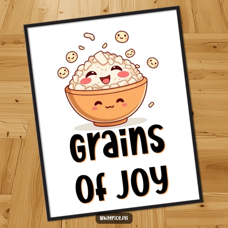 Funny poster illustrating a giggling rice bowl character expertly juggling smiling grains of rice, adding playful energy to any room.