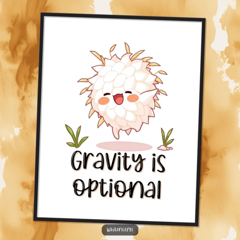 Funny animated white rice grain character captured mid-somersault on a poster, embodying athletic spirit and pure, joyful fun.